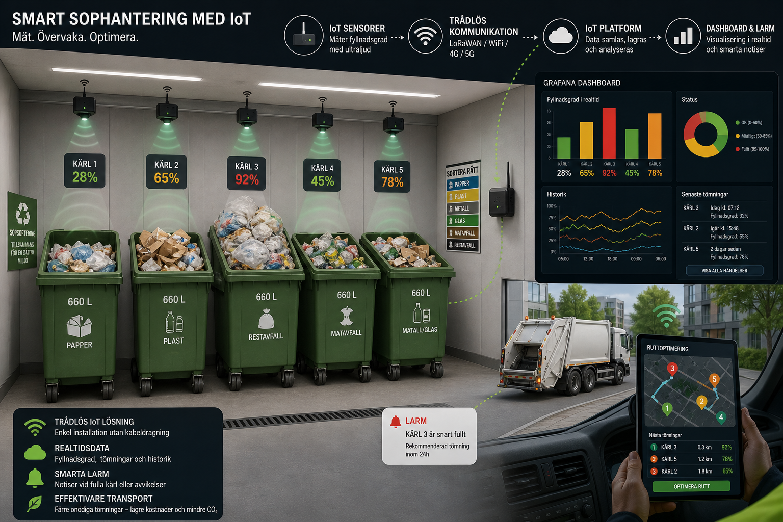 IoT-sensorer ovan öppna 660-liters sopkärl i ett modernt soprum med dashboard och transportinformation